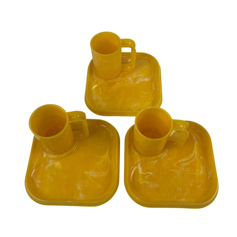 Vintage 80s Plate Set Yellow White Tortoise Square Snack Serving Trays Mugs - Se